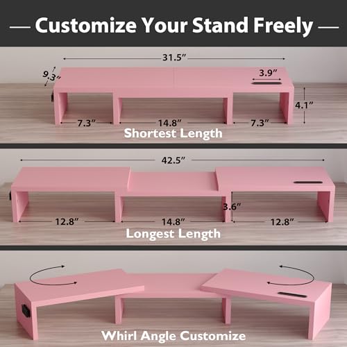 Dual Monitor Stand Riser with Smartphone Holder, Adjustable Wooden Desk Organizer B984