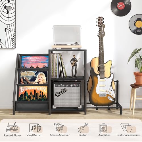 Record Player Stand with Guitar and Vinyl Storage J9238