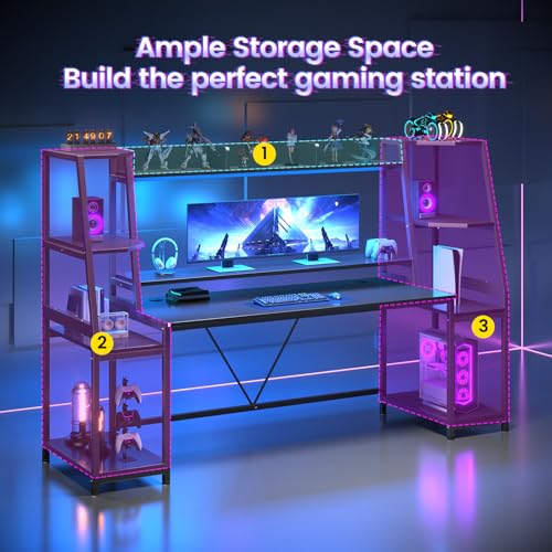 Gaming Desk with LED Lights, Hutch and Storage Shelves, Black O742