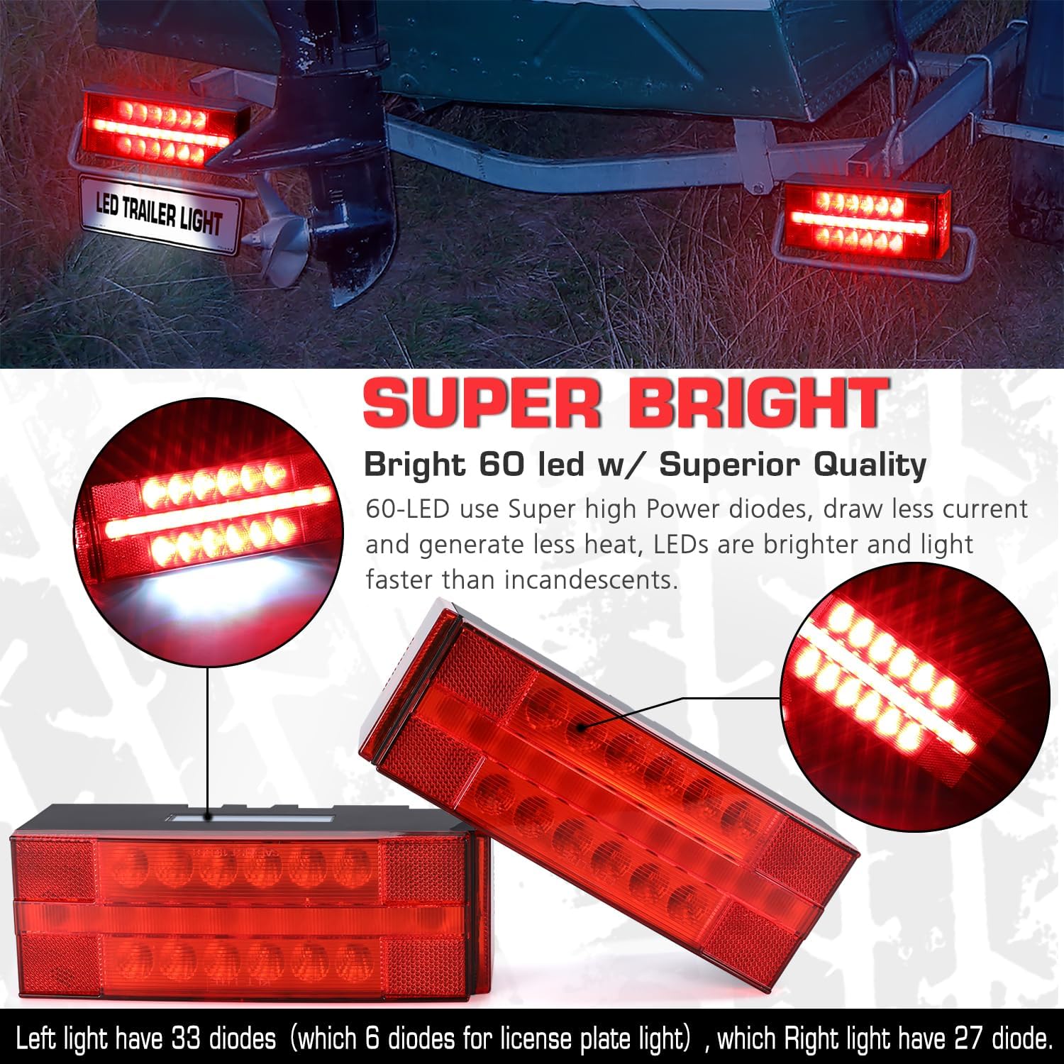 LED Submersible Rectangular Trailer Tail Light Kit with Brake Turn Reverse and Side Marker E1256