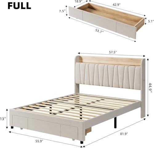Queen Size Bed Frame with Storage Headboard and Drawers, Beige D3599