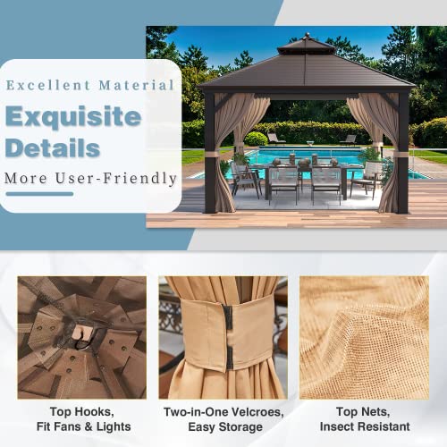 12x16 ft Hardtop Gazebo with Double Roof, Curtains and Netting T94173