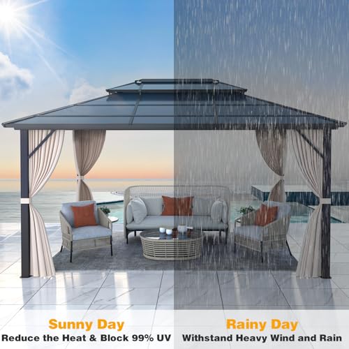 10x13 Hardtop Gazebo with Polycarbonate Double Roof, Aluminum Frame, Curtains and Netting S2701