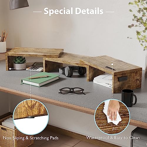 Dual Monitor Stand Riser with Smartphone Holder, Adjustable Wooden Desk Organizer B984