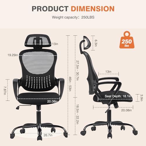 Ergonomic High-Back Mesh Rolling Desk Chair with Adjustable Headrest, Pink S9181