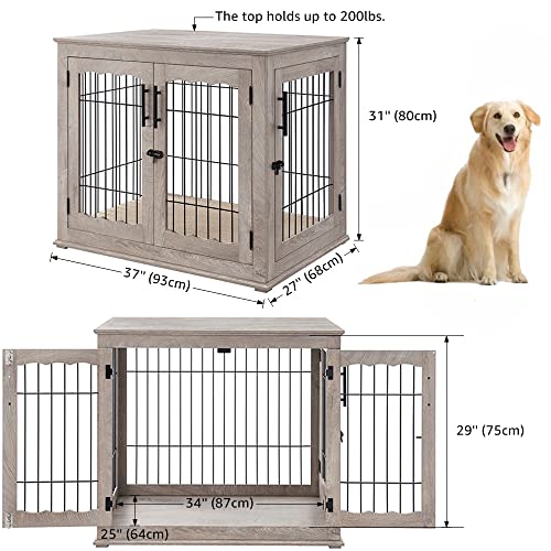 Wooden Dog Crate End Table with Double Doors and Pet Bed E595686