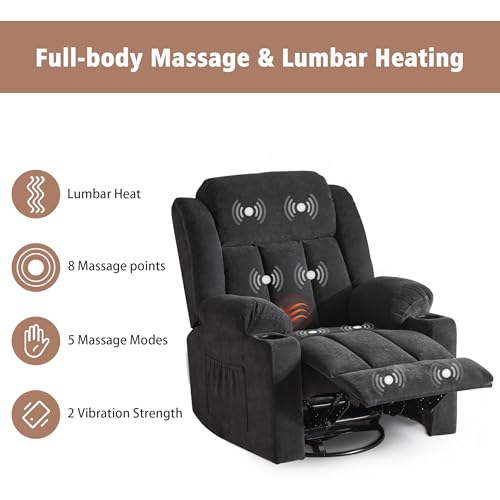 Swivel Recliner Chair with Massage and Heat, Fabric Upholstery, Lime Gray Y550941