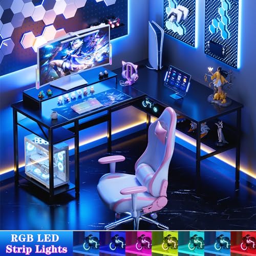 Reversible L Shaped Desk with Power Outlets and LED Light, Corner Computer Desk with Monitor Stand and Storage Shelves, Black A318171