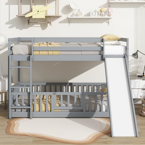 Twin Over Full Size Wooden Bunk Bed with Slide and Storage Stairs N394
