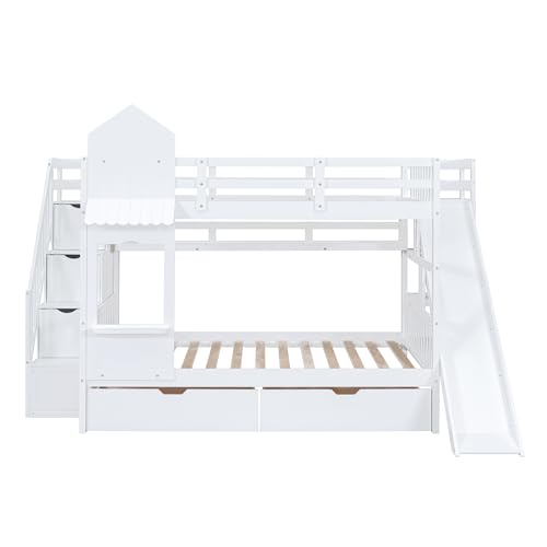 Twin Over Twin Bunk Bed with Stairs and Slide, Solid Wood Frame with Storage B8483