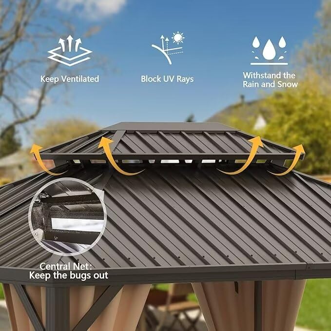 10 x 10 ft Hardtop Gazebo with Netting and Curtains, Galvanized Steel Roof for Patio K80436