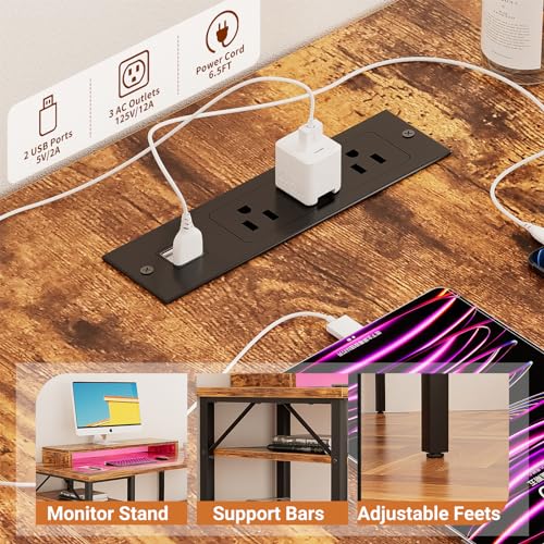 Reversible L Shaped Desk with Power Outlets and LED Light, Corner Computer Desk with Monitor Stand and Storage Shelves, Black A318171