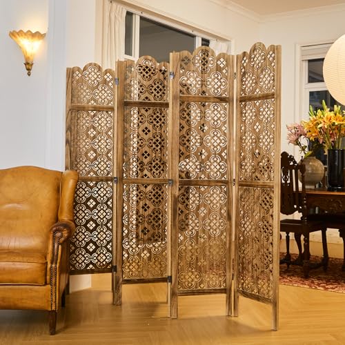 Wood Carved Room Divider 4 Panel Folding Partition Screen X503933