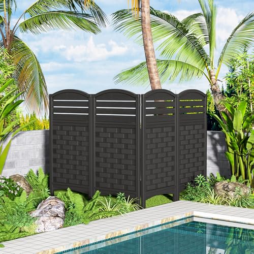 Outdoor Privacy Fence Screen, 4 Panels Trash Can Enclosure with Metal Stakes L156