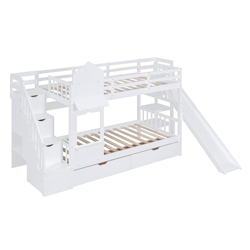 Kids Bunk Bed with Stairs and Slide, Twin Over Twin, Gray O540