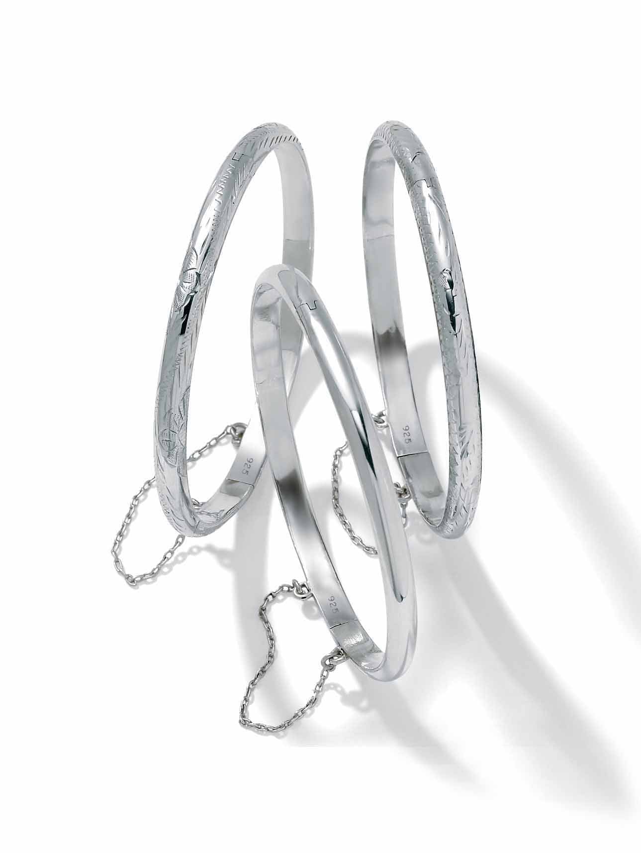 Polished Floral Three-Piece Bangle Set in Yellow Gold-Plated or Sterling Silver I9599