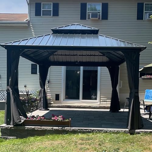 10 x 10 ft Hardtop Gazebo with Netting and Curtains, Galvanized Steel Roof for Patio K80436