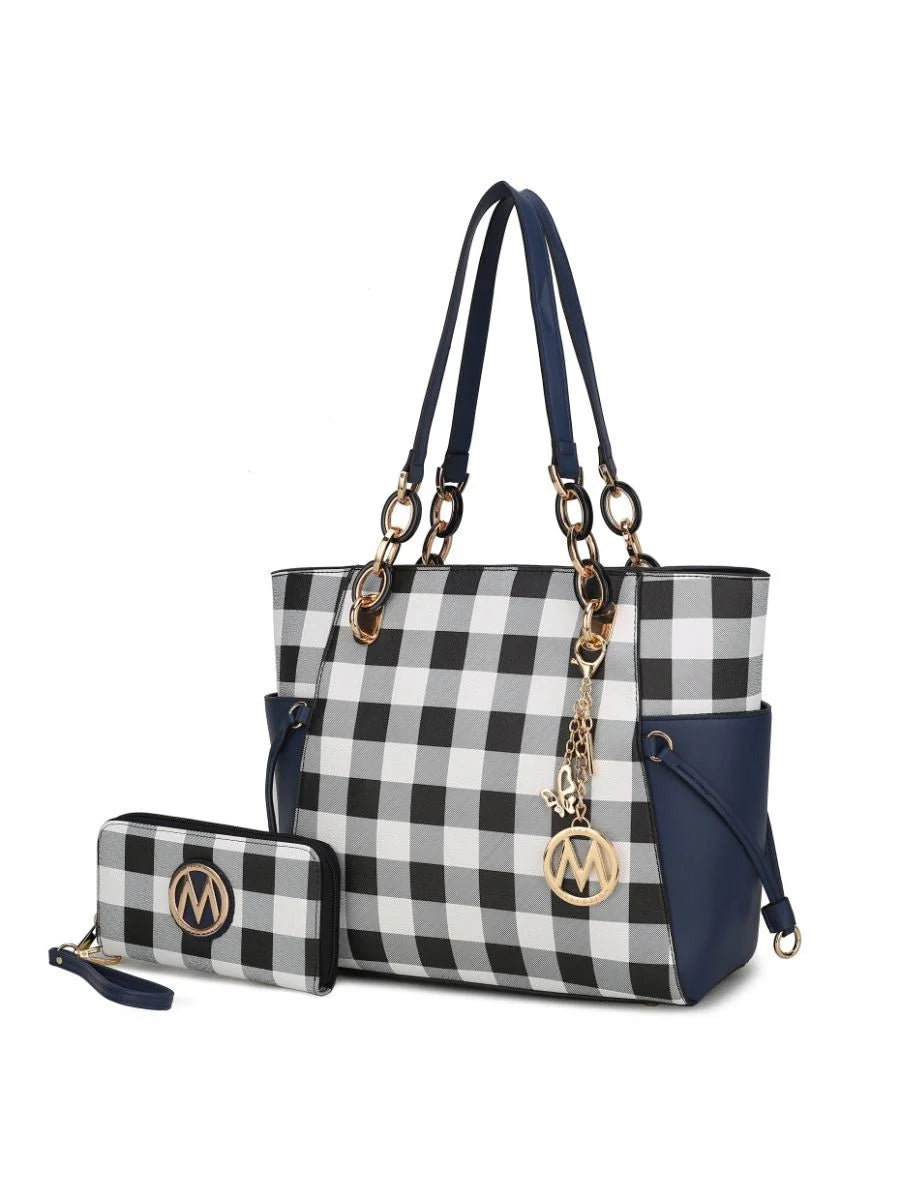 Checkered Tote Handbag with Wallet Z717