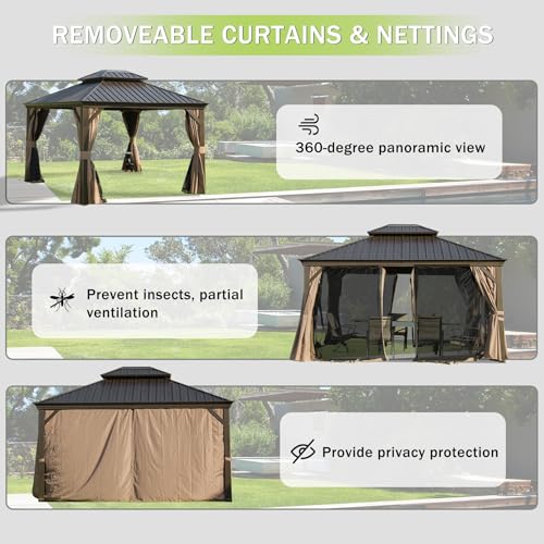 10 x 10 ft Hardtop Gazebo with Netting and Curtains, Galvanized Steel Roof for Patio K80436