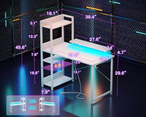 Reversible Gaming Desk with USB Charging Port and LED Lights, 40 Inch Computer Desk with Storage Shelves M571