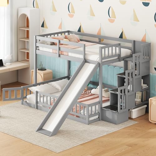 Twin Over Full Size Wooden Bunk Bed with Slide and Storage Stairs N394