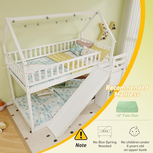 Twin Over Twin Bunk Bed with Slide & Stairs, Wood, White M692