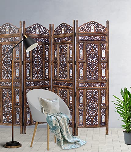 4 Panel Folding Wood Room Divider, Antique Brown, 72 x 80 P209