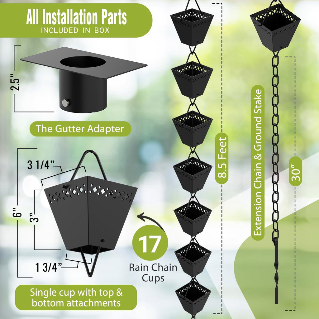 Rain Chain Kit with Adapter and Extension, 10 ft, Black Powder Coated X2236