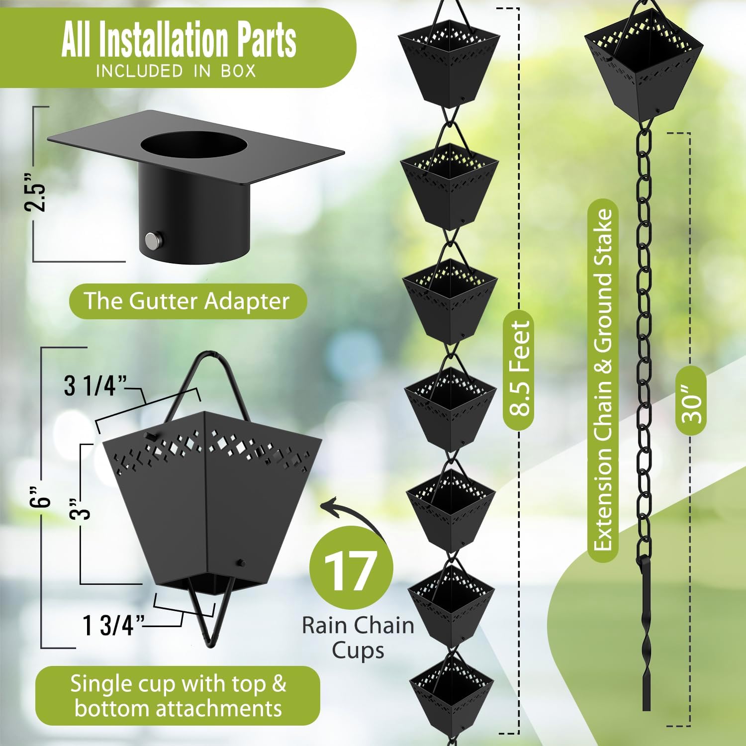 Rain Chain Kit with Adapter and Extension, 10 ft, Black Powder Coated X2236