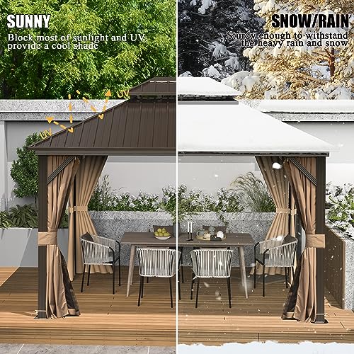 10 x 10 ft Hardtop Gazebo with Netting and Curtains, Galvanized Steel Roof for Patio K80436