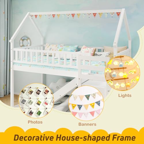 Twin Over Twin Bunk Bed with Slide & Stairs, Wood, White M692