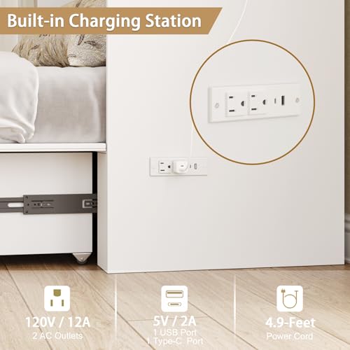 Murphy Bed with Storage & Charging Station, Foldable Panel, Distressed White C449393