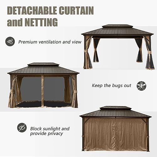 10 x 10 ft Hardtop Gazebo with Netting and Curtains, Galvanized Steel Roof for Patio K80436