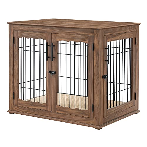 Wooden Dog Crate End Table with Double Doors and Pet Bed E595686