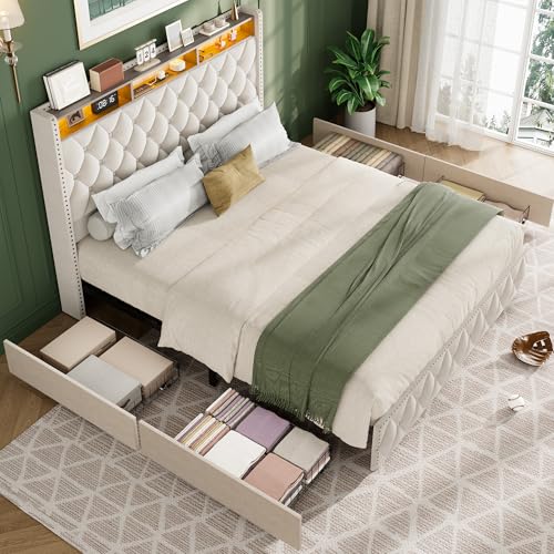 Queen Bed Frame with Tall Headboard, Velvet Upholstered, 4 Storage Drawers Y5950