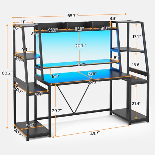Gaming Desk with LED Lights, Hutch and Storage Shelves, Black O742