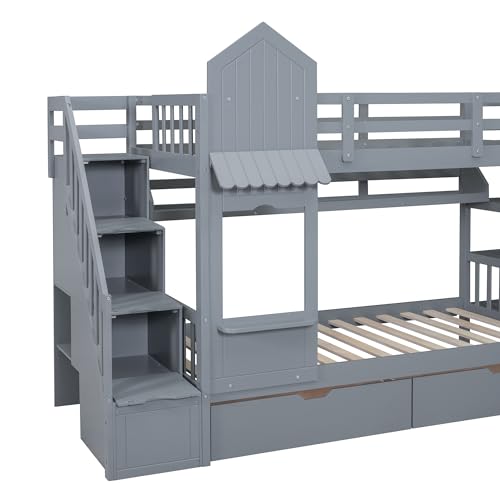 Kids Bunk Bed with Stairs and Slide, Twin Over Twin, Gray O540