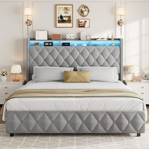 Queen Bed Frame with Tall Headboard, Velvet Upholstered, 4 Storage Drawers Y5950