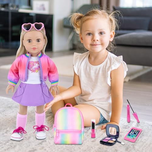 18 Inch Doll Clothes and Makeup Accessories Set with Rainbow Backpack L3809