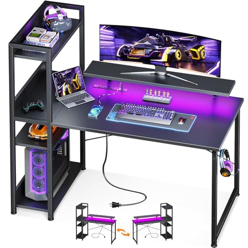 Reversible Gaming Desk with USB Charging Port and LED Lights, 40 Inch Computer Desk with Storage Shelves M571