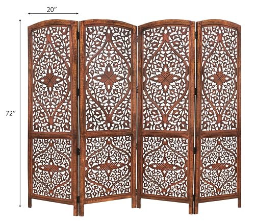 4 Panel Folding Wood Room Divider, Antique Brown, 72 x 80 P209