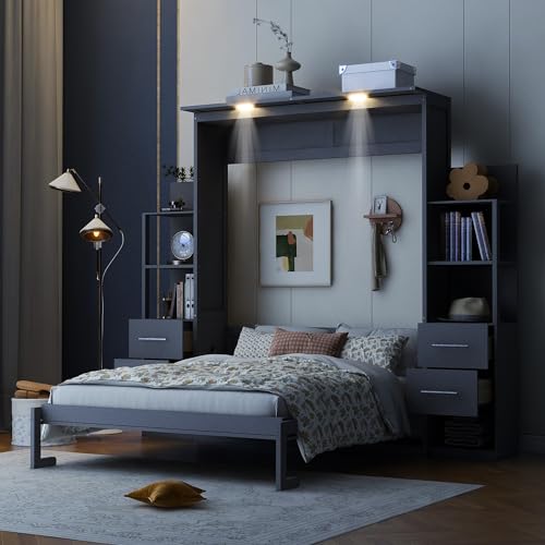 Queen Size Murphy Bed with Cabinet and LED Lights M1232