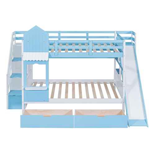 Twin Over Twin Bunk Bed with Stairs and Slide, Solid Wood Frame with Storage B8483