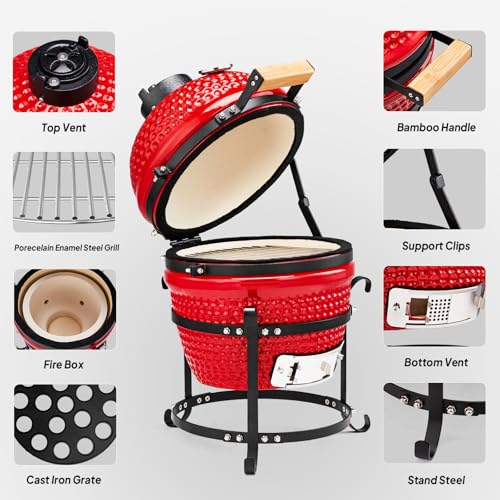 Red Spherical Ceramic Charcoal Grill with Inner Liner, Portable BBQ Smoker K936958