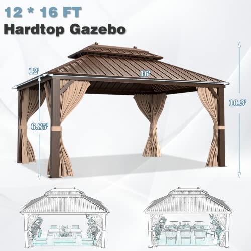 12x16 ft Hardtop Gazebo with Double Roof, Curtains and Netting T94173