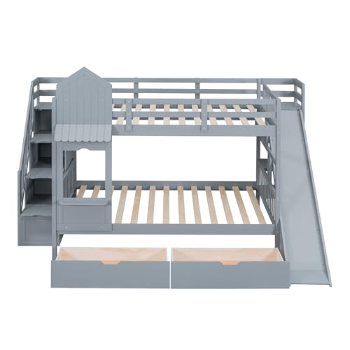 Twin Over Twin Bunk Bed with Stairs and Slide, Solid Wood Frame with Storage B8483