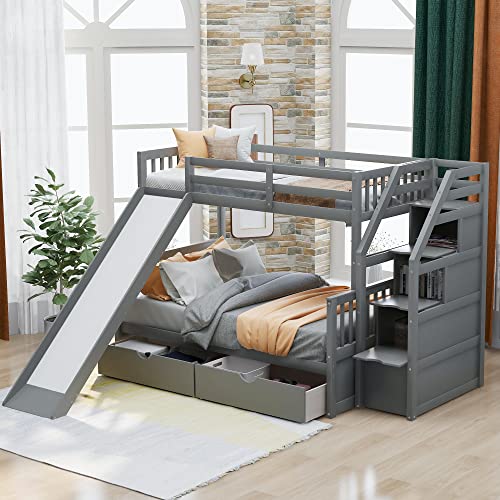 Twin Over Full Bunk Bed with Slide and Stairs for Kids I642