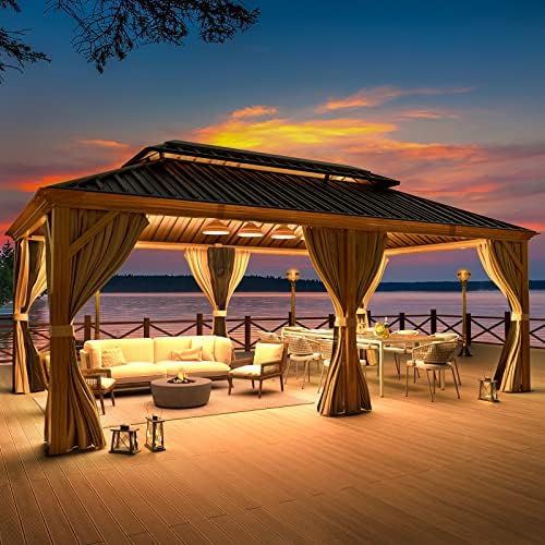 12x16 ft Hardtop Gazebo with Double Roof, Curtains and Netting T94173