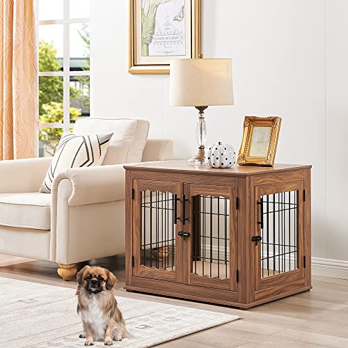 Wooden Dog Crate End Table with Double Doors and Pet Bed E595686