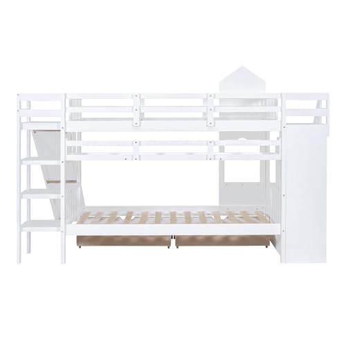 Twin Over Twin Bunk Bed with Stairs and Slide, Solid Wood Frame with Storage B8483